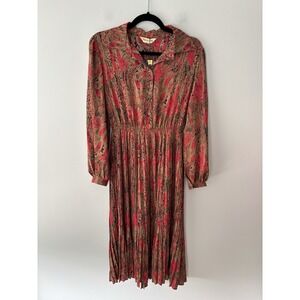 Hanea Mori Women's Pleated Red Brown Abstract Patterned Long‎ Sleeve Dress